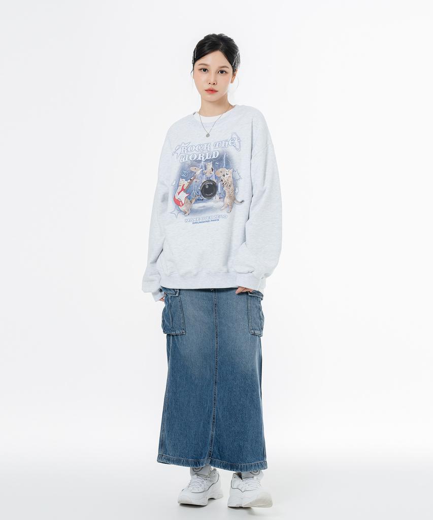 MOZMOZ Soft French Terry Rock Cat Oversized Sweatshirt White Melange