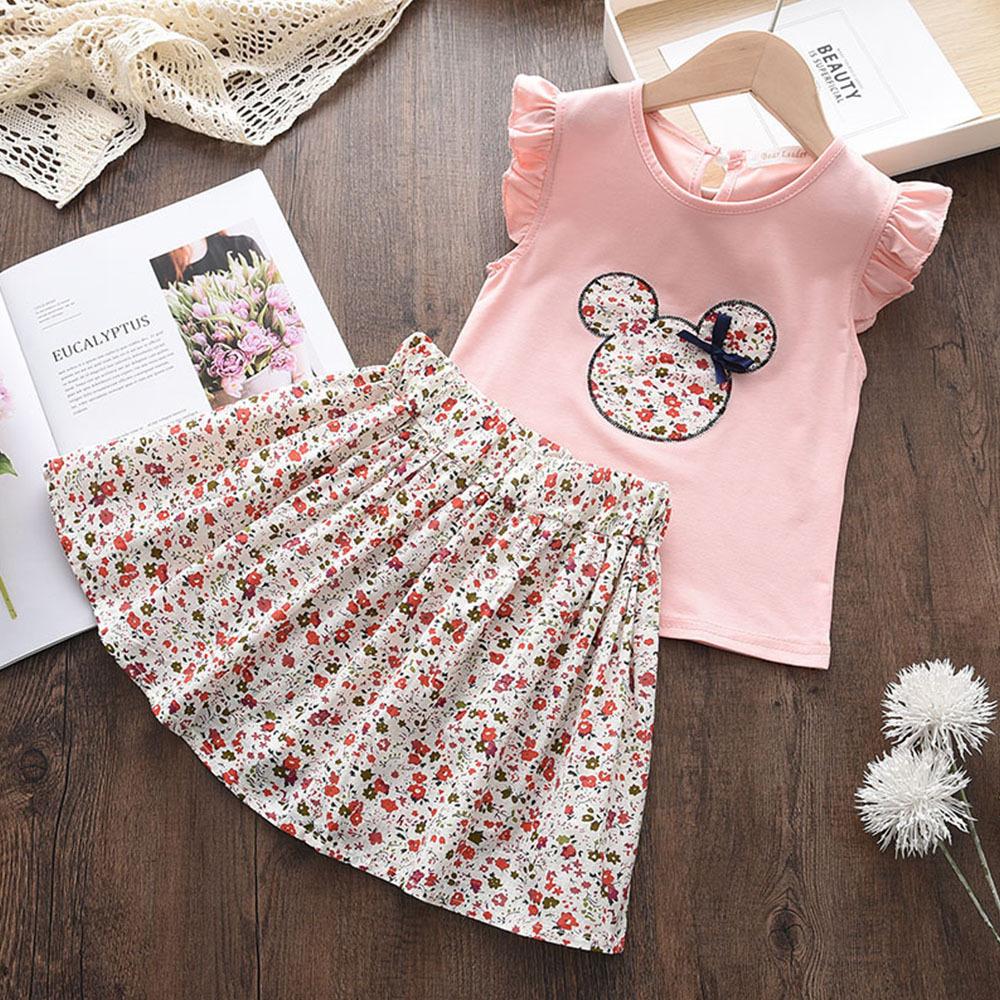 Girls 2026 Summer New Cross-border Suit Cartoon Thin Flying Sleeve Top Floral Skirt Children's Two-piece Set