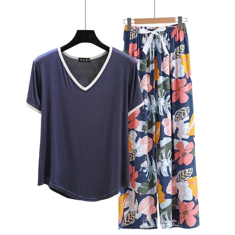 Modal Loungewear V-Neck color-block Tshirt and Floral Wide leg pants Summer Thin Pajamas sets Casual Plus size Homewear 2pcs suit Comfort clothing