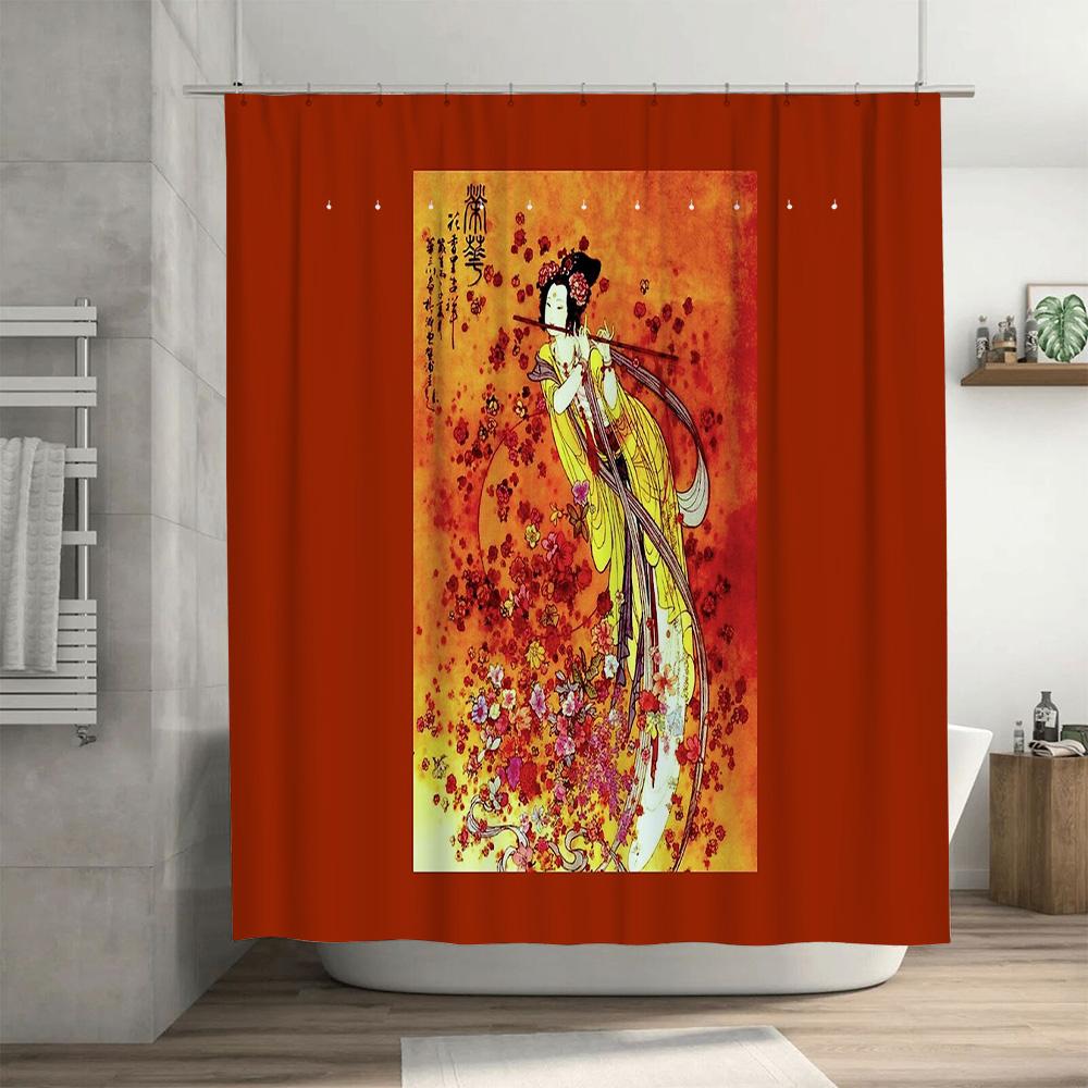 Japanese Geisha Bath Curtain Vintage Kimono Shower Curtain Traditional Floral Art Decor Japanese Style Bathroom Decor