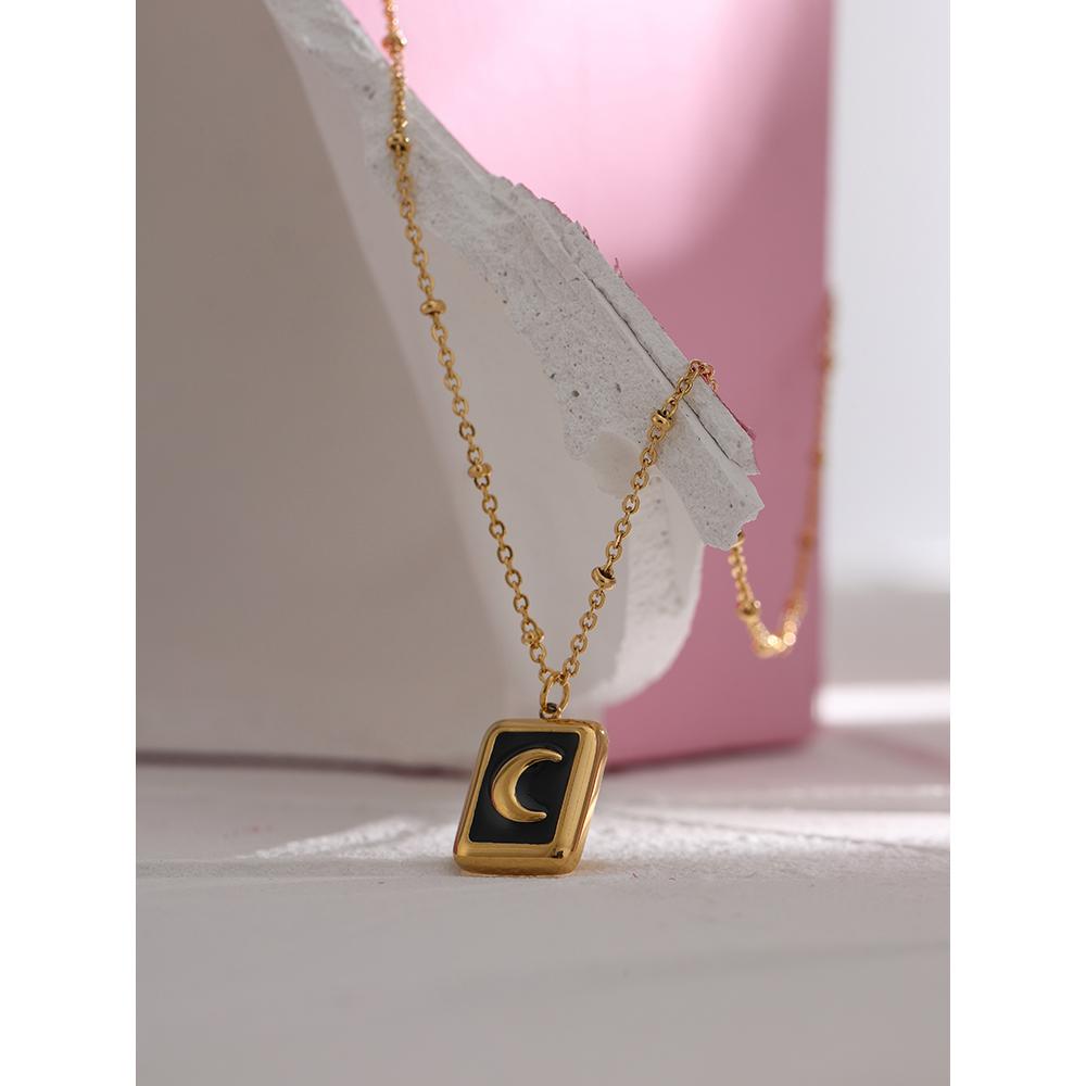 Yhpup Stainless Steel Enamel Moon Pendant Necklace Jewelry Stylish Metal Square Temperament Collar Anniversary Gift Waterproof