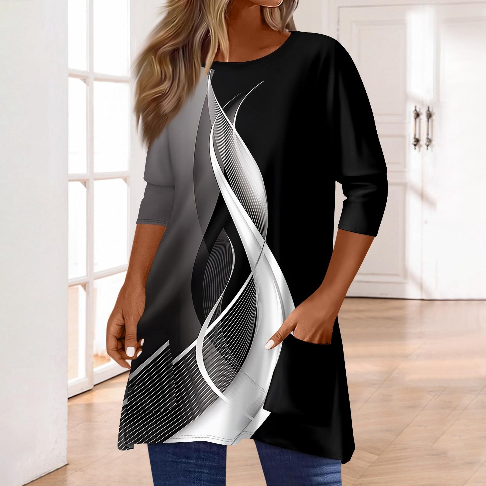 

3/4 рукава кармана топы для женщин футболка повседневный принт средней длины топы футболка круглый вырез пуловер блузка XXXL чёрный