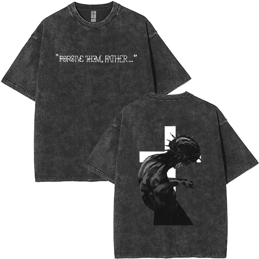 Christian Religious Jesus Prayer Washed Vintage T-shirt Tops Male Fashion Oversized T Shirts Men Women Gothic Clothes