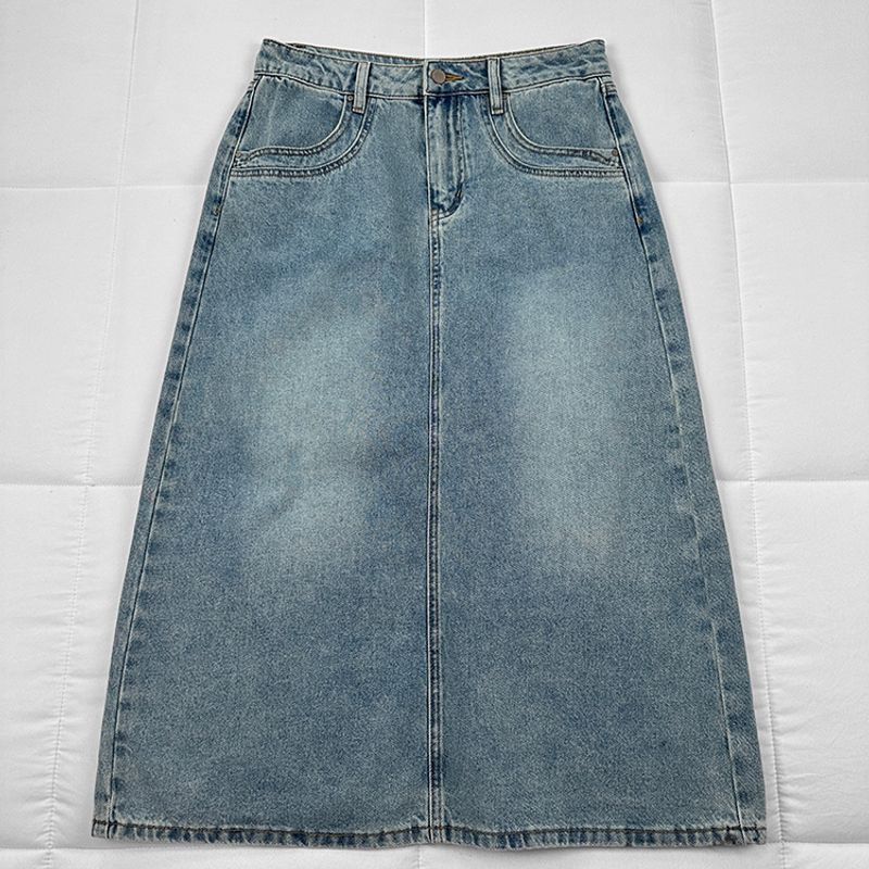

Hot * Wind Line on Sale 25 Spring New Denim Skirt Korean Casual Versatile Washed High Waist Slit Midi dress Light Blue S