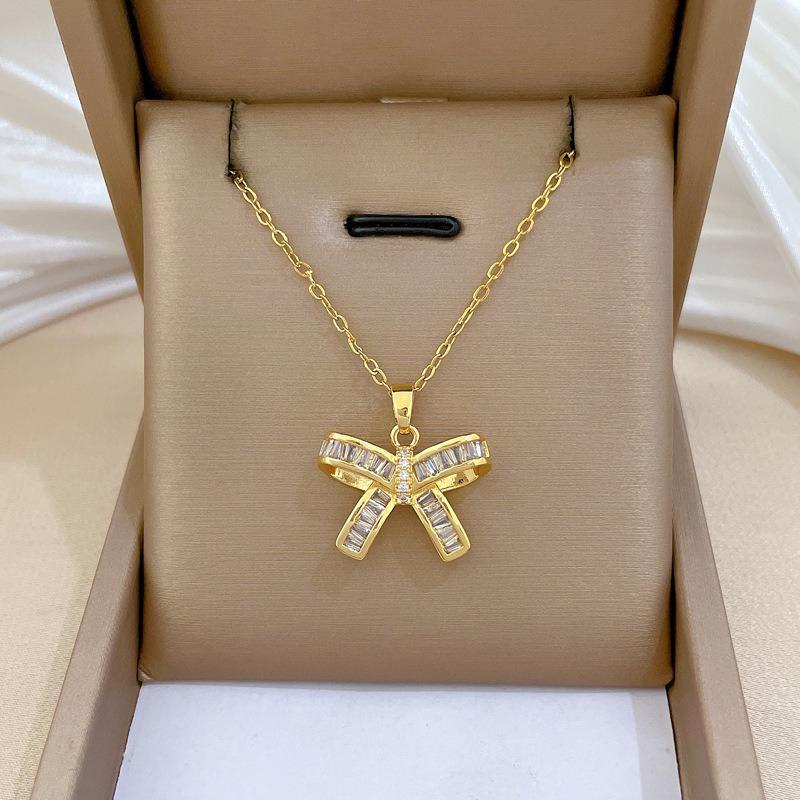 Simple Shiny Zircon Bowknot Pendant Necklaces for Women Stainless Steel Chain Jewelry Choker Accessories Gifts