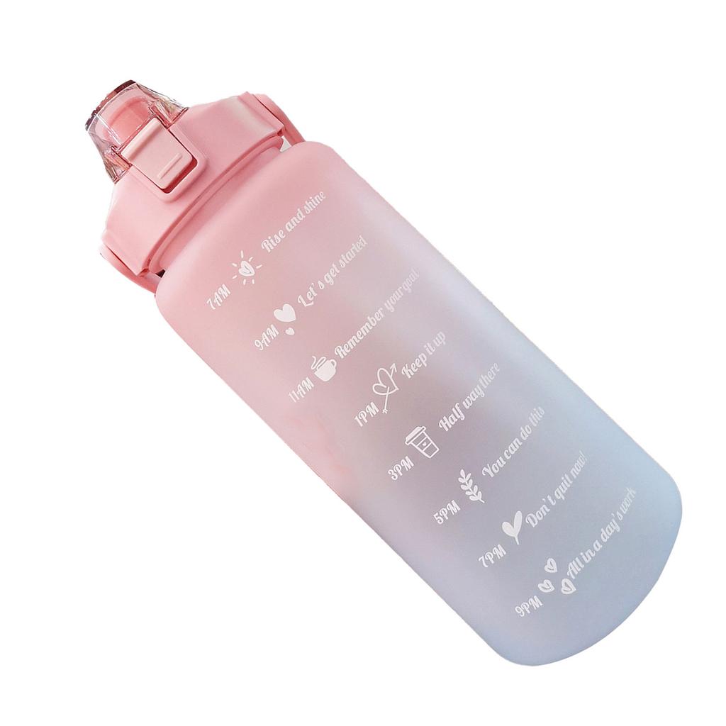 Straw Bottle Leakage Proof Frosted Gradient Color One Click Open Sports Water Cup with Handle Clear Scale 2000ml Pink