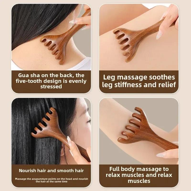 Pure Natural Six-Claw Head Massage Meridian Comb Health Care Wood Handle Tool for Lymphatic Scraping and Unblocking Artifact