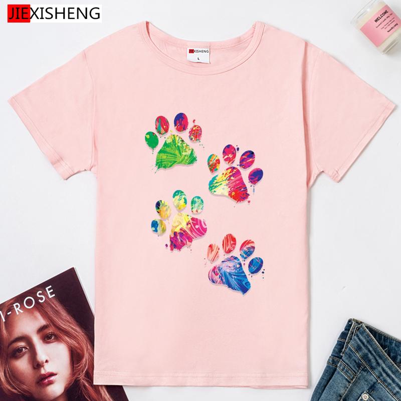 Cartoons Fußabdruck Print Damen T-Shirts Sommer Locker Ärmel O-Ausschnitt T-Shirt Tops 5 Farben Damen T-Shirt