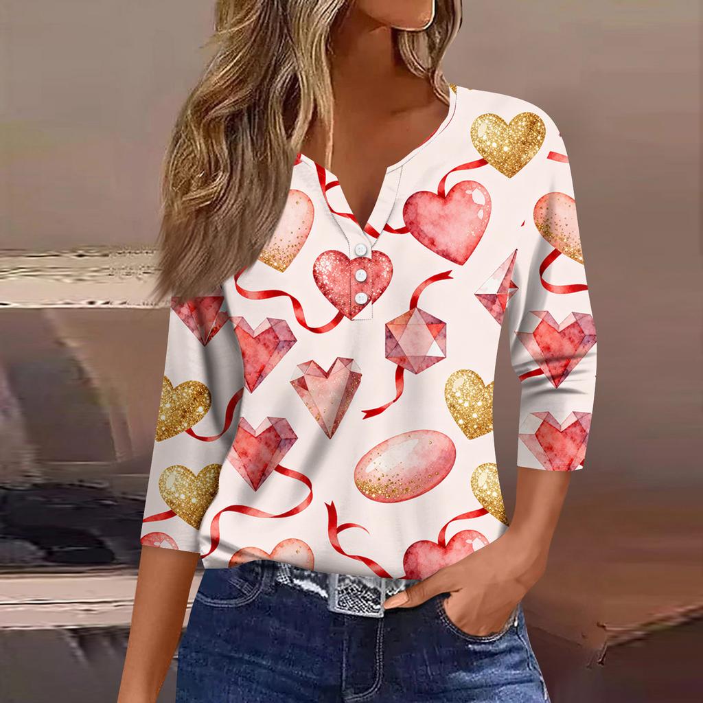Women's Fashion Button-Up V-Neck Three-Quarter Sleeve Valentine's Day Print Top