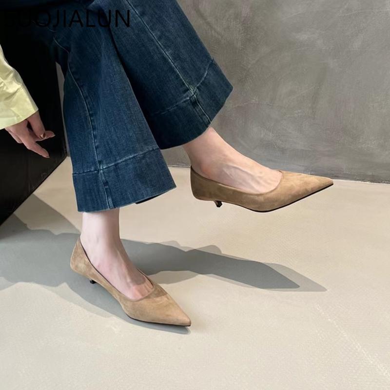 Fashion SUOJIALUN 2024 Autumn Women Pumps Shoes Fashion Pointed Toe Shallow Slip On Ladies Elegant Dress Pumps Thin Low Boat Shoes