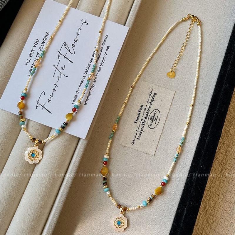 Sunflower Beaded Necklace - Elegant and Fashionable - Small Pearl - Natural Stone - Collar Chain - Necklace