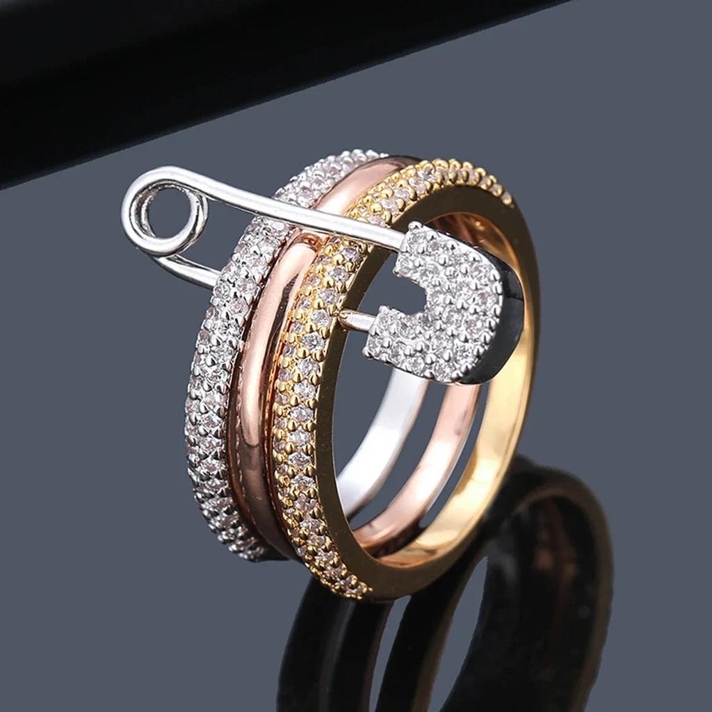 Connection Three Layers Pin Rings for Women CZ Cubic Zirconia Stackable Rings Stainless Steel New Year Gift Party Jewelry