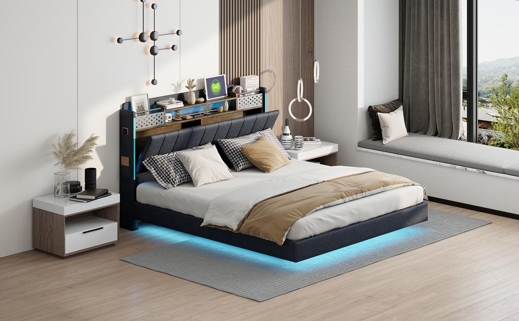 Polsterbett 160*200 mit LED-Beleuchtung und USB-Steckdose, Kopfteil mit Stauraum, Schwebendes Bett Jugendbett Erwachsenenbett, Leinenstoff, Grau
