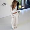 Büroparty-Kleidung Hosen Damen Sweatshirt 2-teiliges Set, V-Ausschnitt Slim Fit Oberteil & Hohe einfarbige Lounge-Kleidung mit Taille Weiter Bein Hosen, für Frühling
