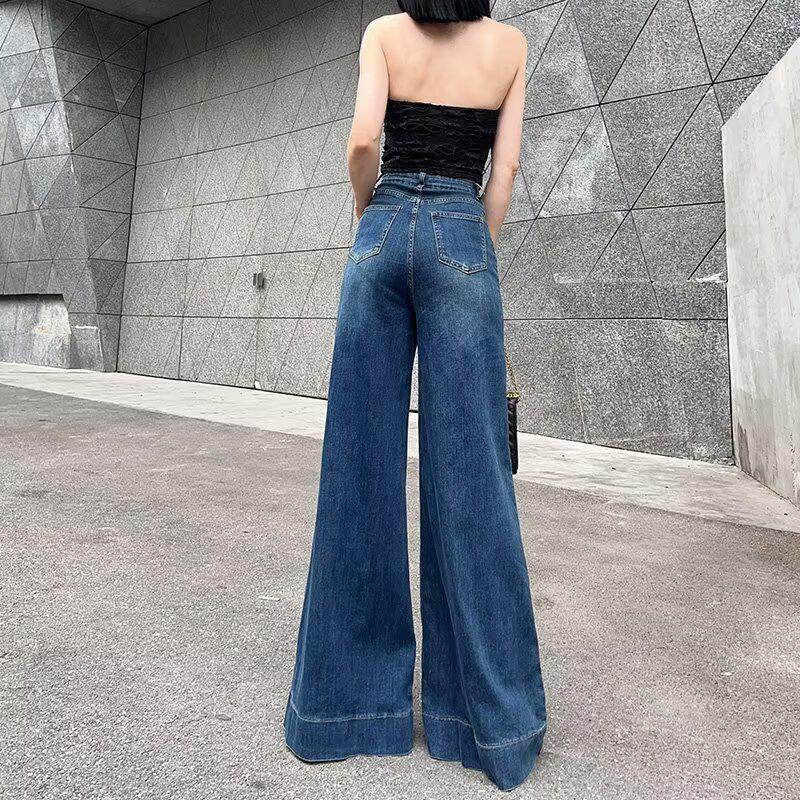 Spring 2025 Women's Blue High-Waisted Wide-Leg Jeans, Loose Slimming Fit, Flared & Floor-Length