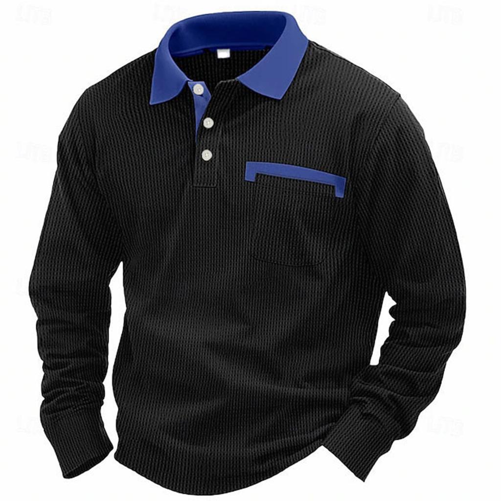 Men's Casual Loose Colorblock Lapel Button Long Sleeve Top