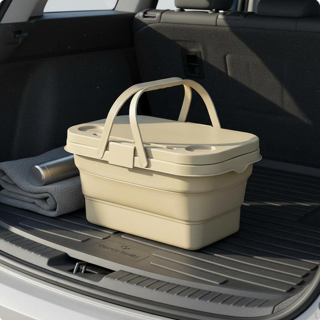 Foldable Picnic Basket with Table Lid Large Capacity Storage Bin Handles Army Green
