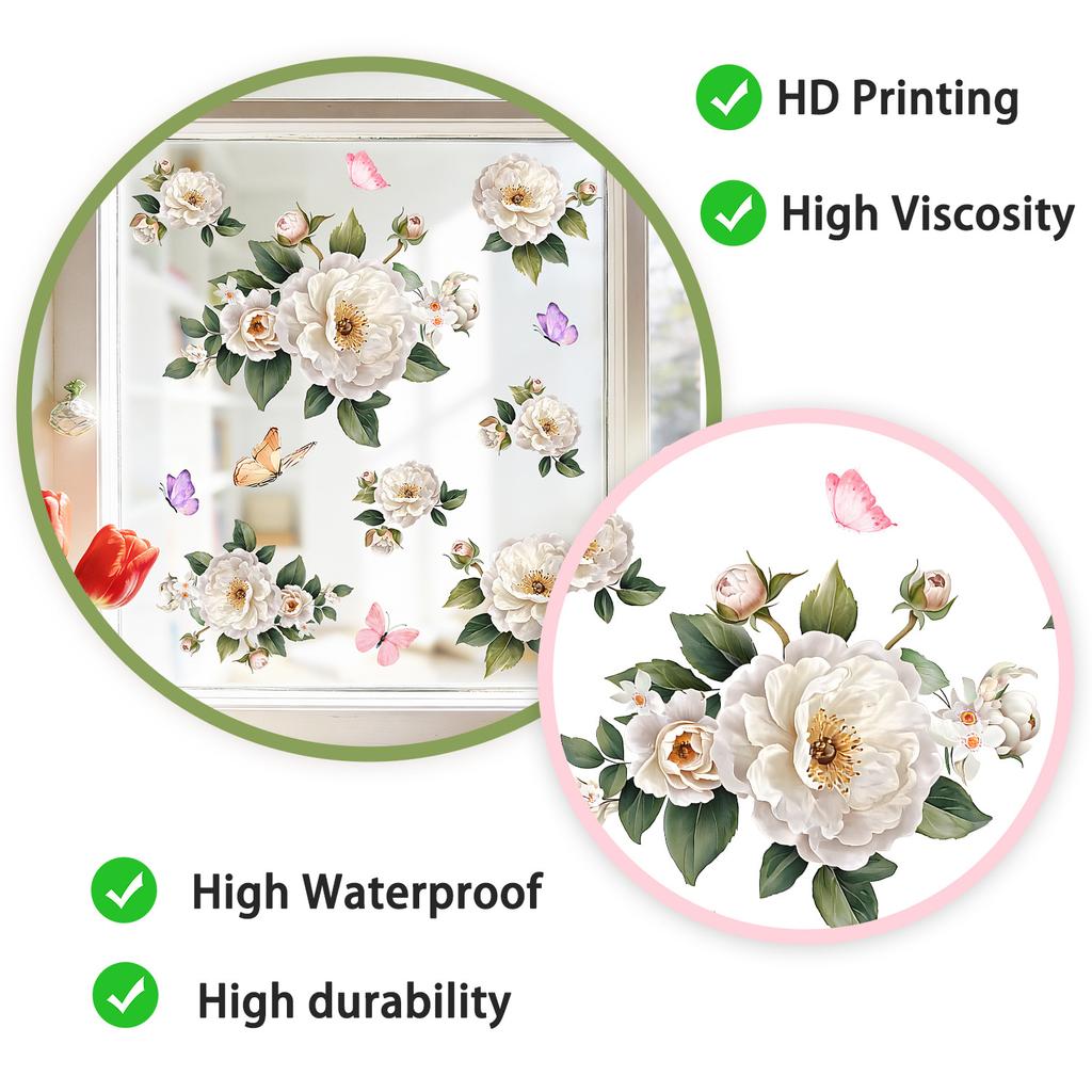 Elegant White Peony Static Cling Window Sticker Self-Adhesive Waterproof Removable Living Room Bedroom Glass Home Decor Art