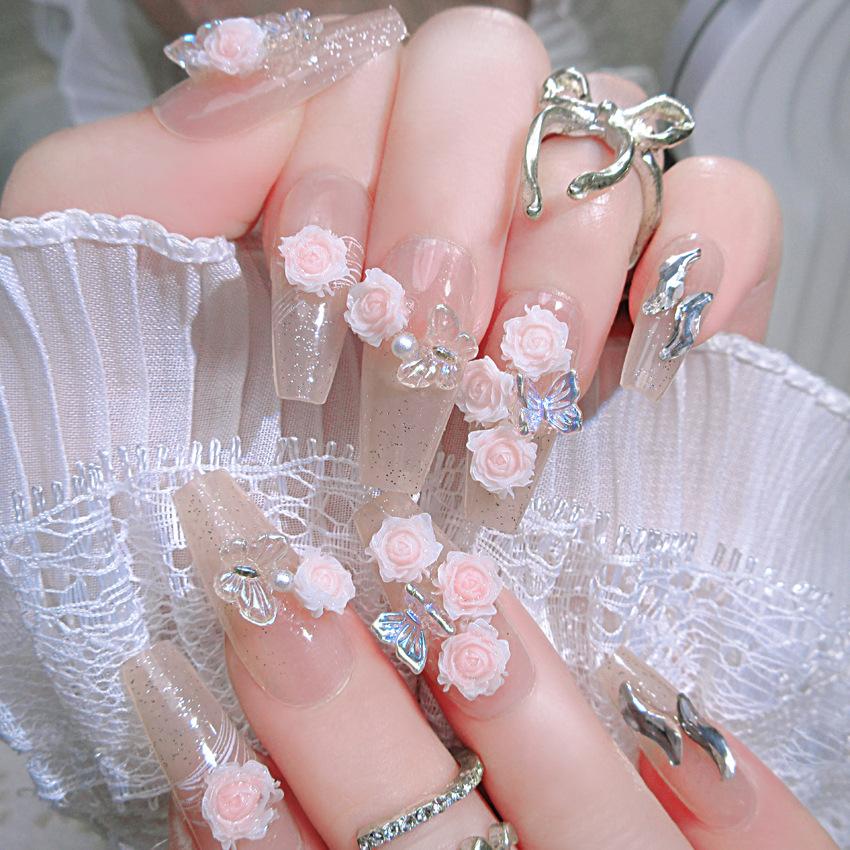 Unghii Medii Coffin Presate cu Designuri cu Strasuri Reutilizabile Acoperire Completă Adeziv pe Unghii False Presate Unghii Artificiale False Unghii Autocolante pentru Femei