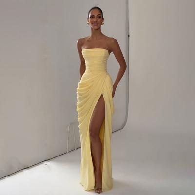 Women Solid Pleated Sexy Strapless Dress Lady Chic Off-shoulder Backless High Waist Split Dresses New Evening Party Gown