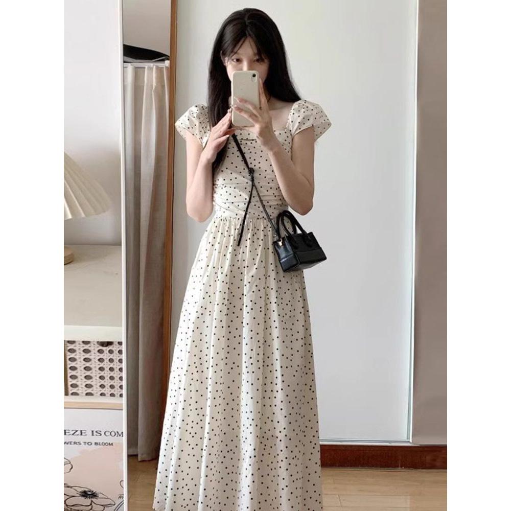 Elegant Polka Dot Puff Sleeve Dress: Slim Waist, Loose A-Line, Korean College Style
