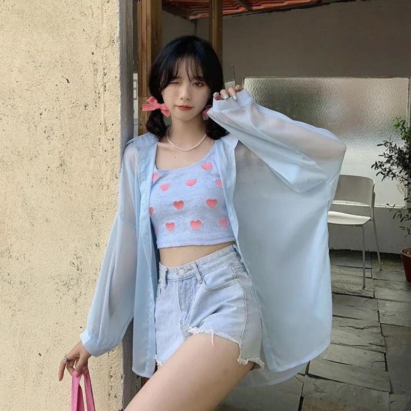WTEMPO Chiffon Shirt Women Summer Thin Sun Protection Shirt Solid Casual Top StreetWear Versatile Shirt Vintage Female Clothing