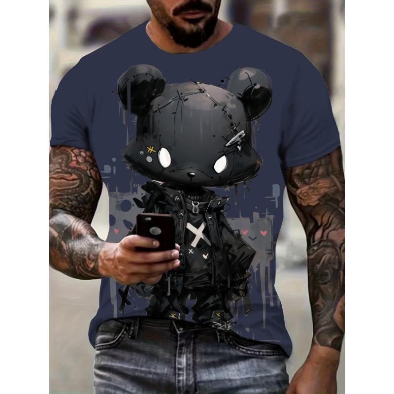 Men's casual fashion T-shirt 3D printing anime bear pattern printed T-shirt for summer daily outdoor street cool wear