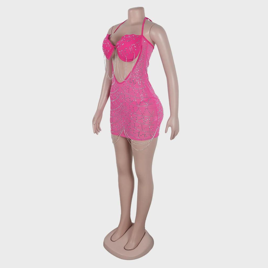 European & American Sexy Diamond Tassel Slimming See-Through Dress K2735