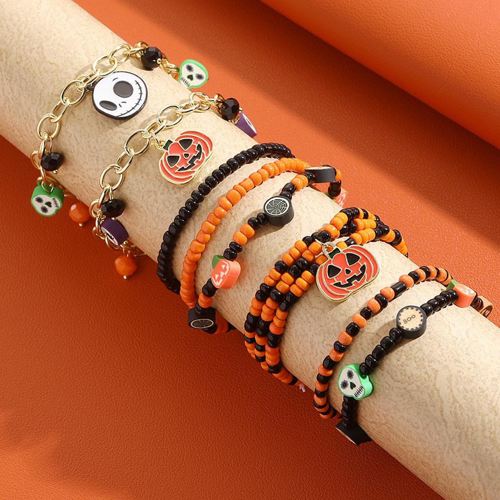 Bracelet Set Hot Sale Rice Bead Orange Pumpkin Skull Pendant Halloween Bracelet