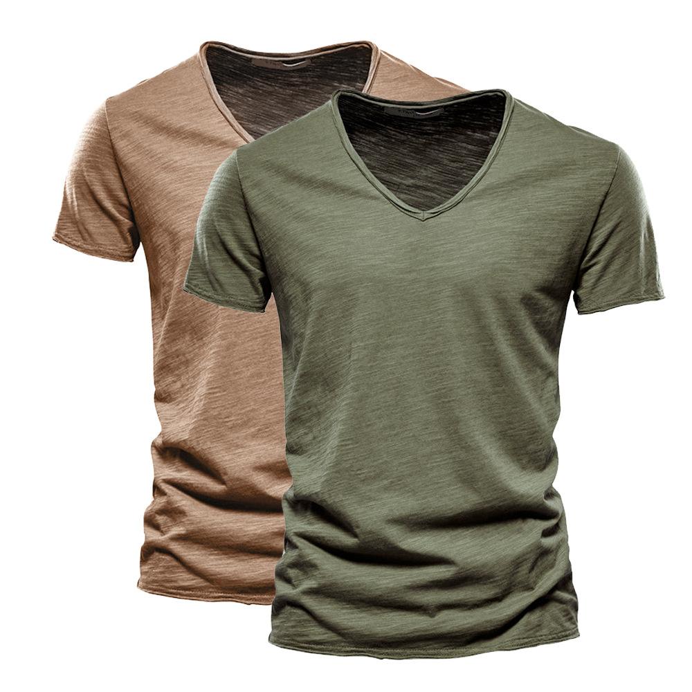 2 PC Summer Men'S New Solid Color Bamboo Cotton V-Neck Short Sleeved Pure Cotton T-Shirt