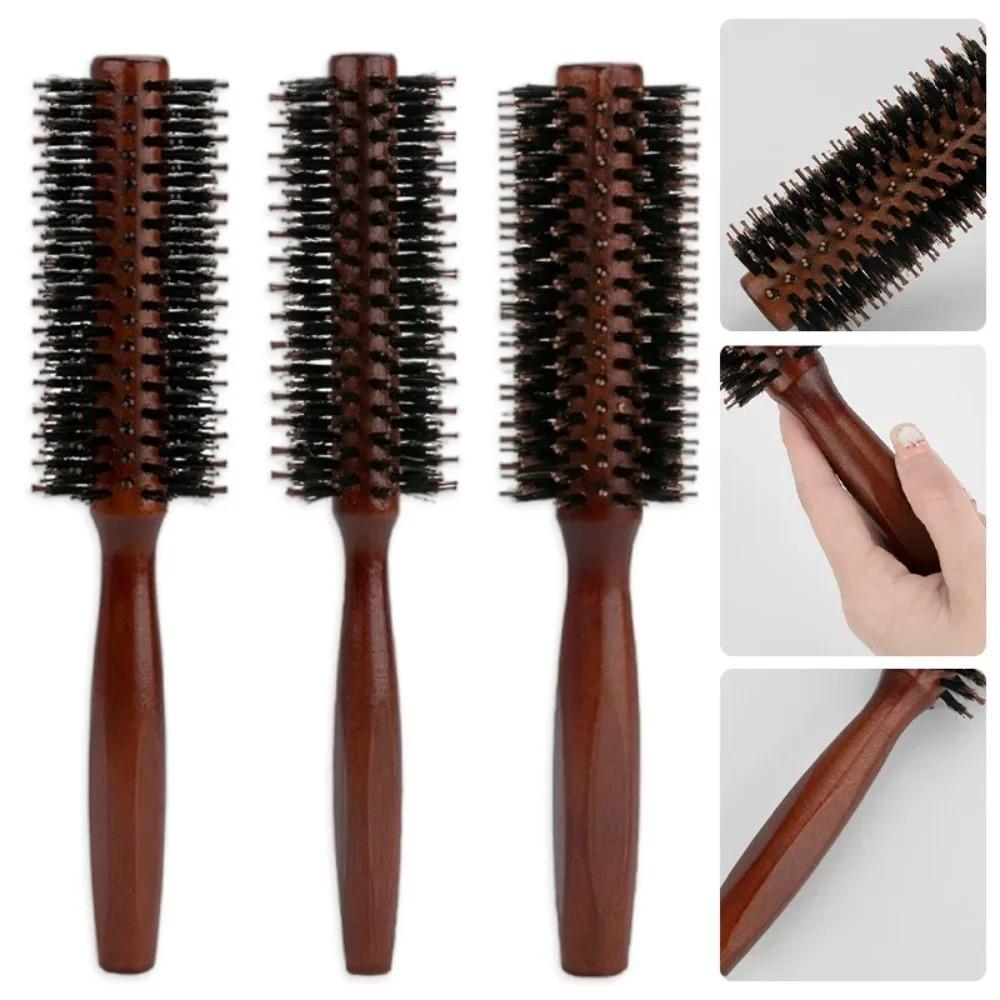 Wood Handle Round Rolling Brush Straight Twill Hair Comb Boar Bristle Round Barrel Hair Curling Brush Hairdressing Styling Tool