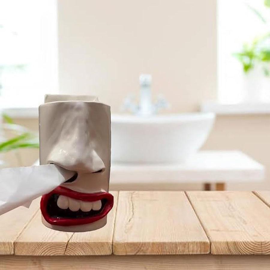 Handmade Funny Face Tissue Holder with 3D Nose and Mouth Design, Unique Tissue Box Dispenser for Bedroom Bathroom, Fun Gag Gift