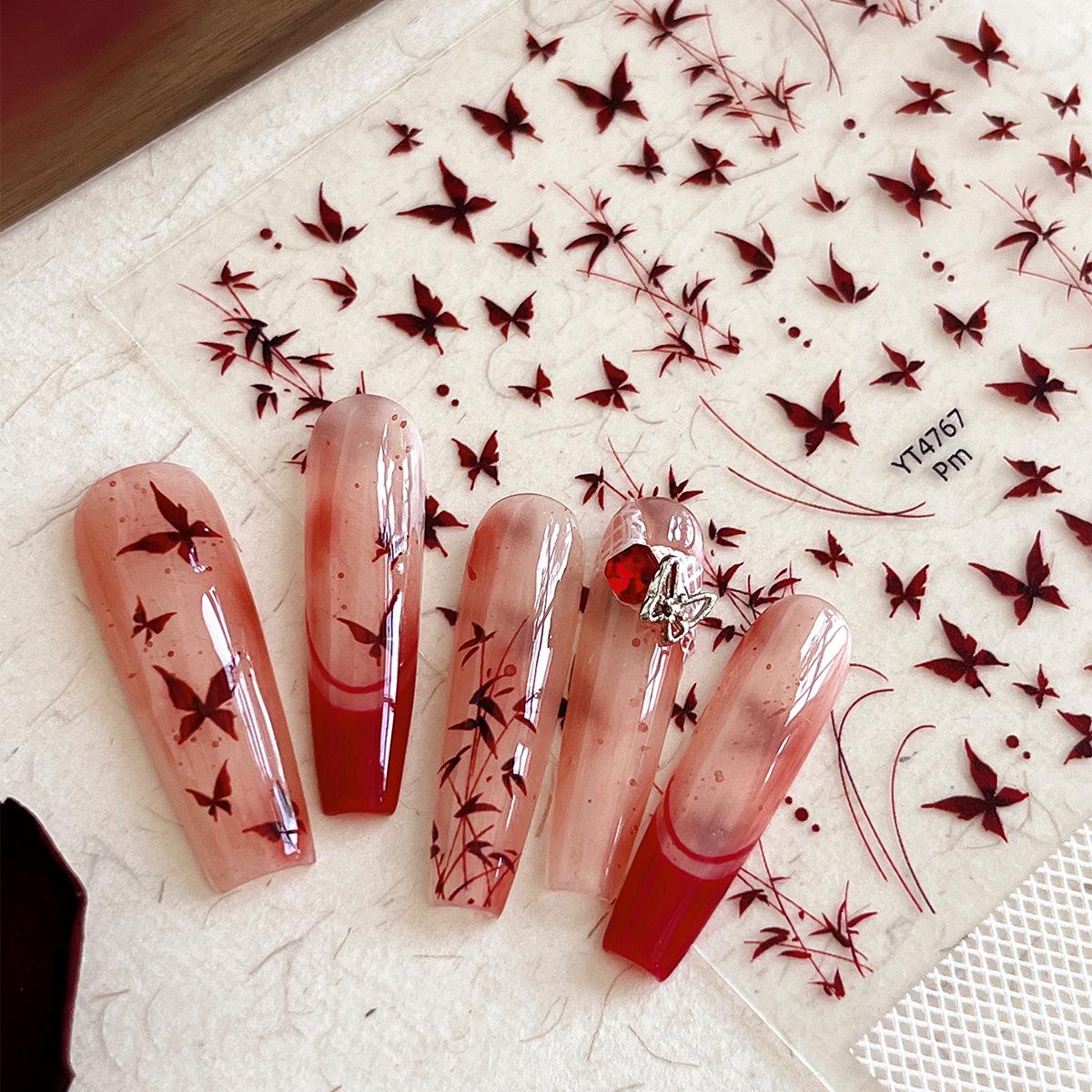 

YITU Elegant Dark Red Butterfly and Leaf Plaid Nail Stickers YT4767