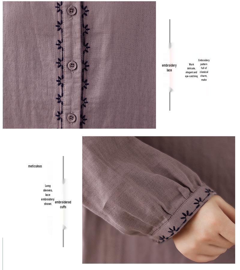 Women's Artistic Retro Embroidered Cotton Linen Shirt - Loose Casual Top for Spring 2026 Arrival