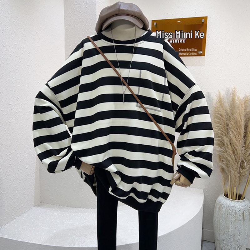 Plus Size Striped Patchwork Casual Loose Hoodie - Japanese & Korean Style