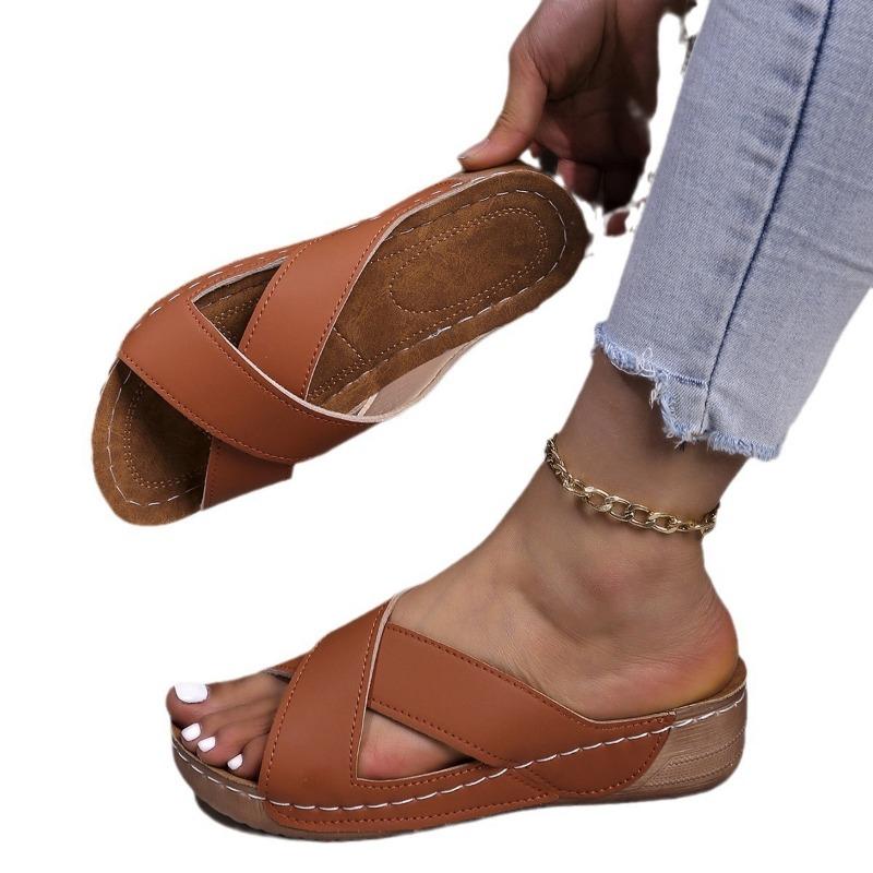 Women's Shoes Wedge Heel Platform Slippers Women's Round Head Casual One-pedal Solid Color Cross-heel Cool Slippers