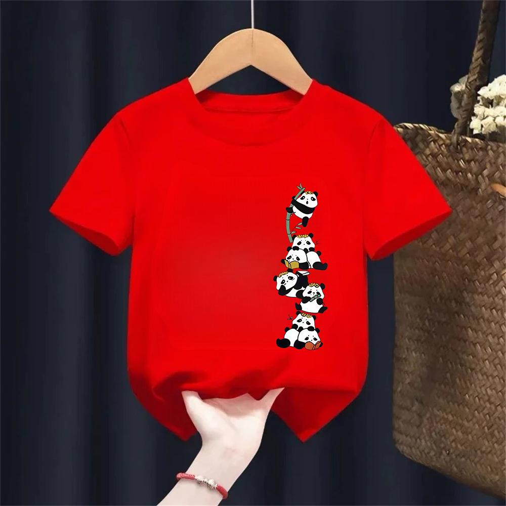 Cute Panda Print Kid Girls Tshirt Casual Short Sleeve Crew Neck Top for Summer Spring 100 Cotton Clothing