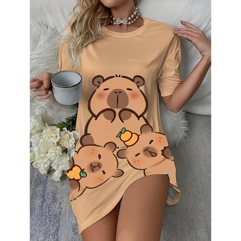 3D Print Dress 2026 Women's Kapibara Printed Short Sleeve Large Size T-Shirt Going Out & Home Wear Ladies Pajamas