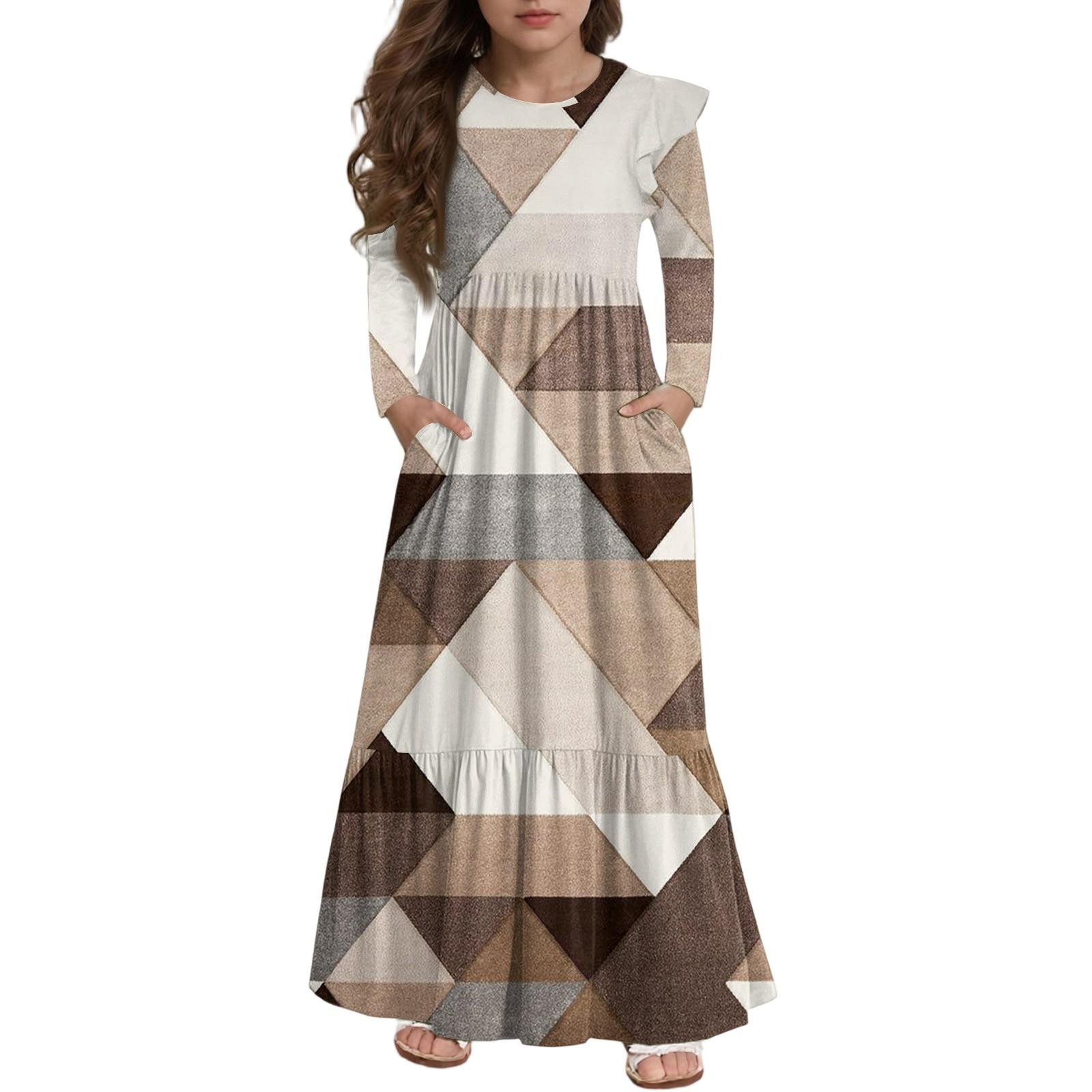 

Платье с многоярусными оборками для девочек - Макси с длинным рукавом и принтом, с карманами 140 хаки