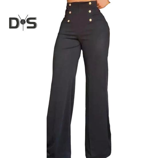 

Женские брюки с высокой талией, в стиле OL Commute, с эластичными пуговицами, однотонные, с расклешенным подолом, мягкие, дышащие, прямые, полной длины S чёрный