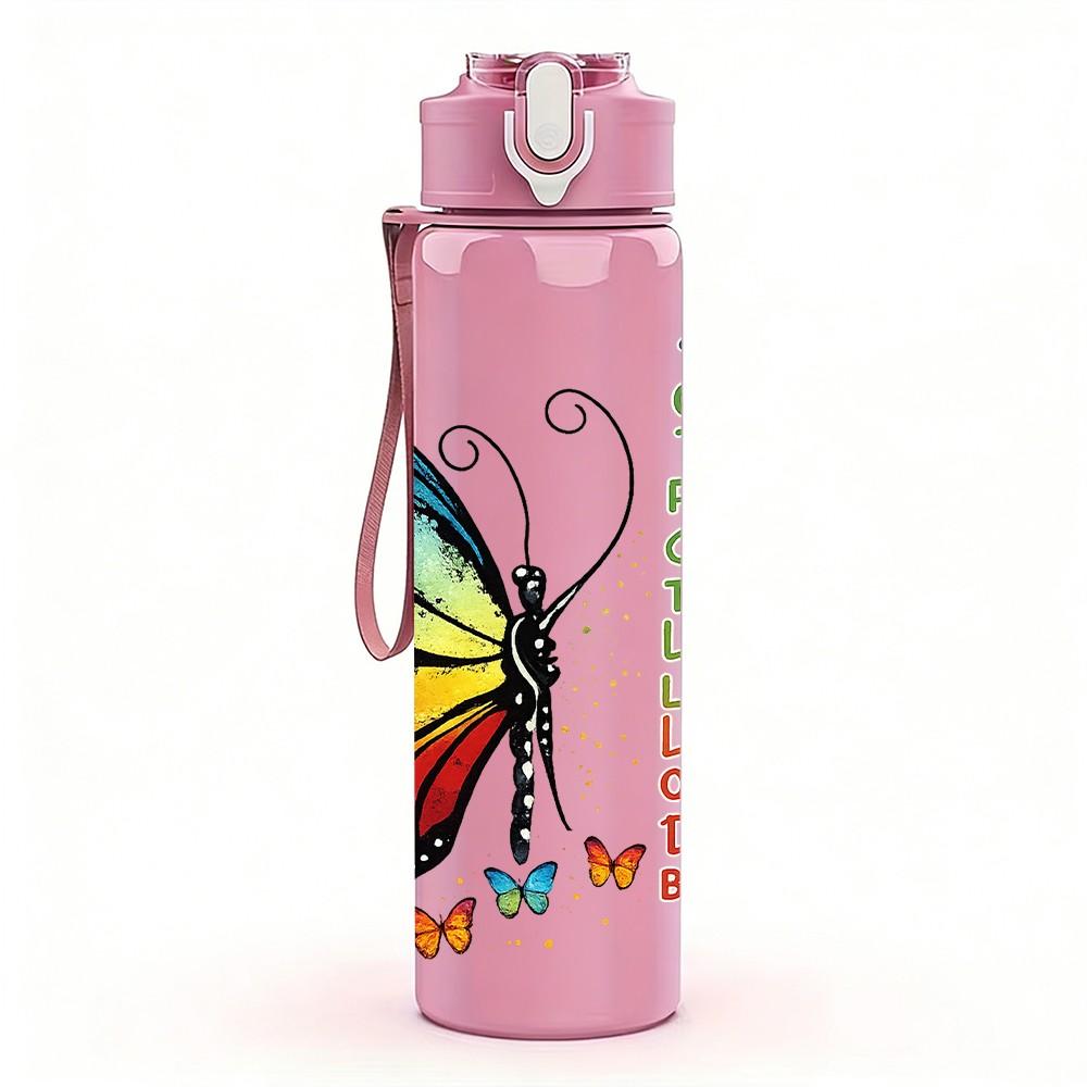 1PC Colorful Butterfly Inspirational Quote 750ml Color Plastic Sports Water Bottle Leakproof Flip Straw Lid Suitable for Sports Office Home Use