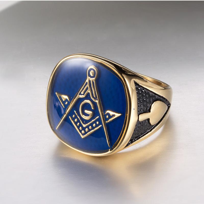 Anello Massonico Blu Oro Vintage Acciaio al Titanio Punk Retro Hip Hop Gioielli Fratellanza per Uomini Accessori Massonici