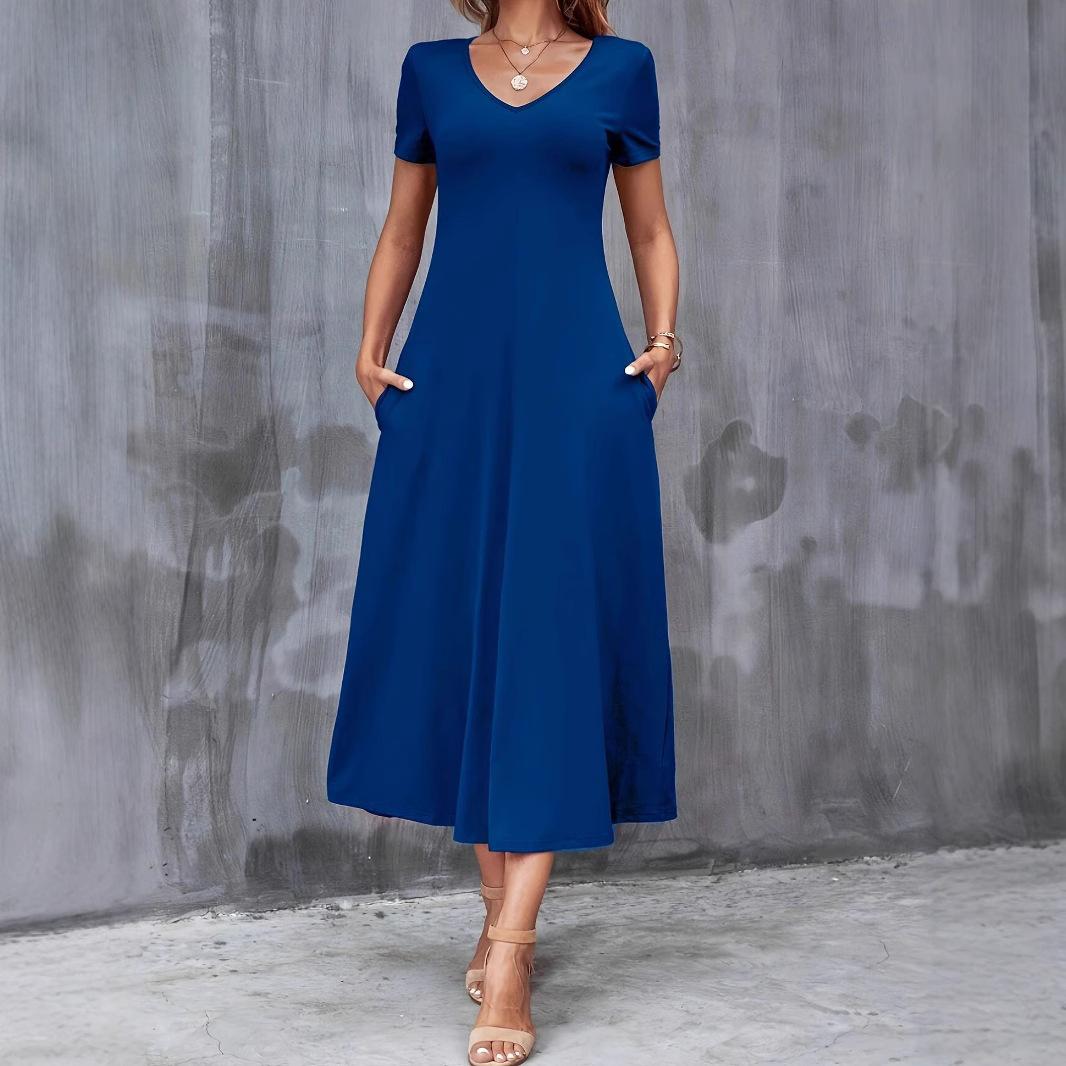

Новое летнее повседневное женское платье большого размера с V-образным вырезом, однотонное, с короткими рукавами 5XL синий