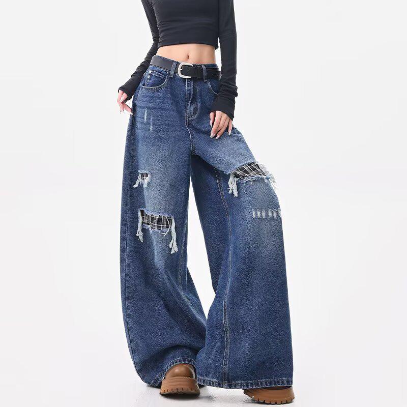 Women s Autumn Retro Plaid Patchwork Denim Wide-Leg Pants 2XL