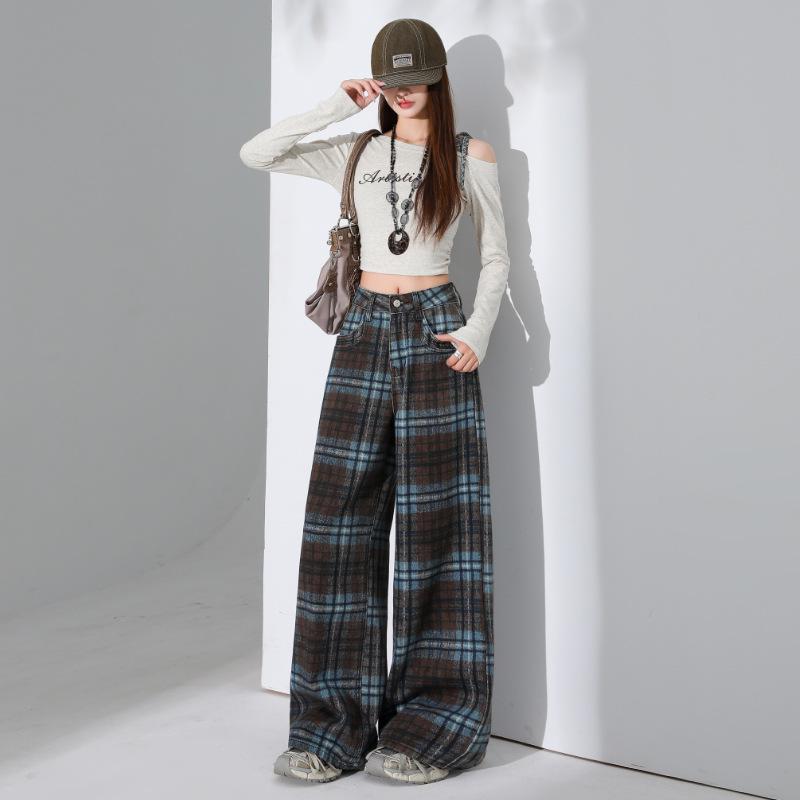 New 2026 Women s High-Waisted Red Plaid Wide-Leg Pants M