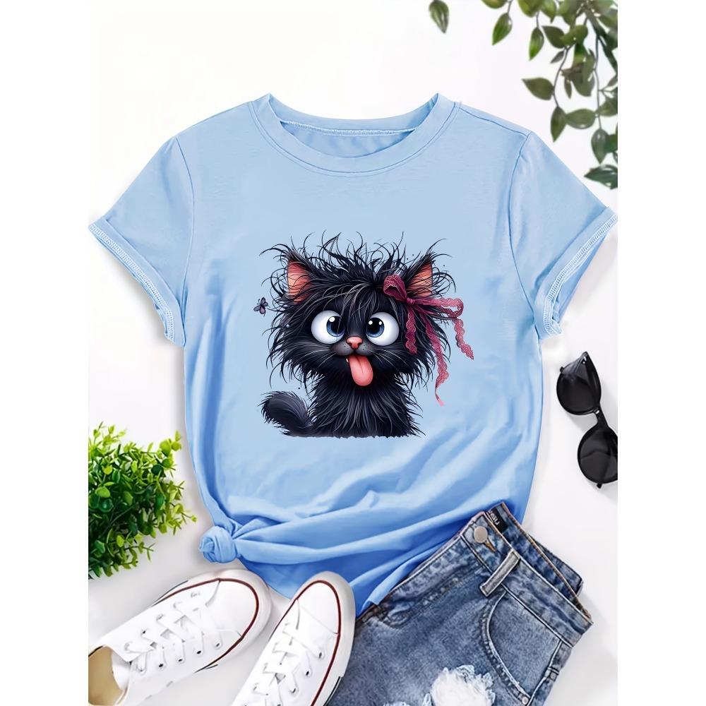 Fluffy Black Cat Women's T-shirt - Cute Cartoon Pattern