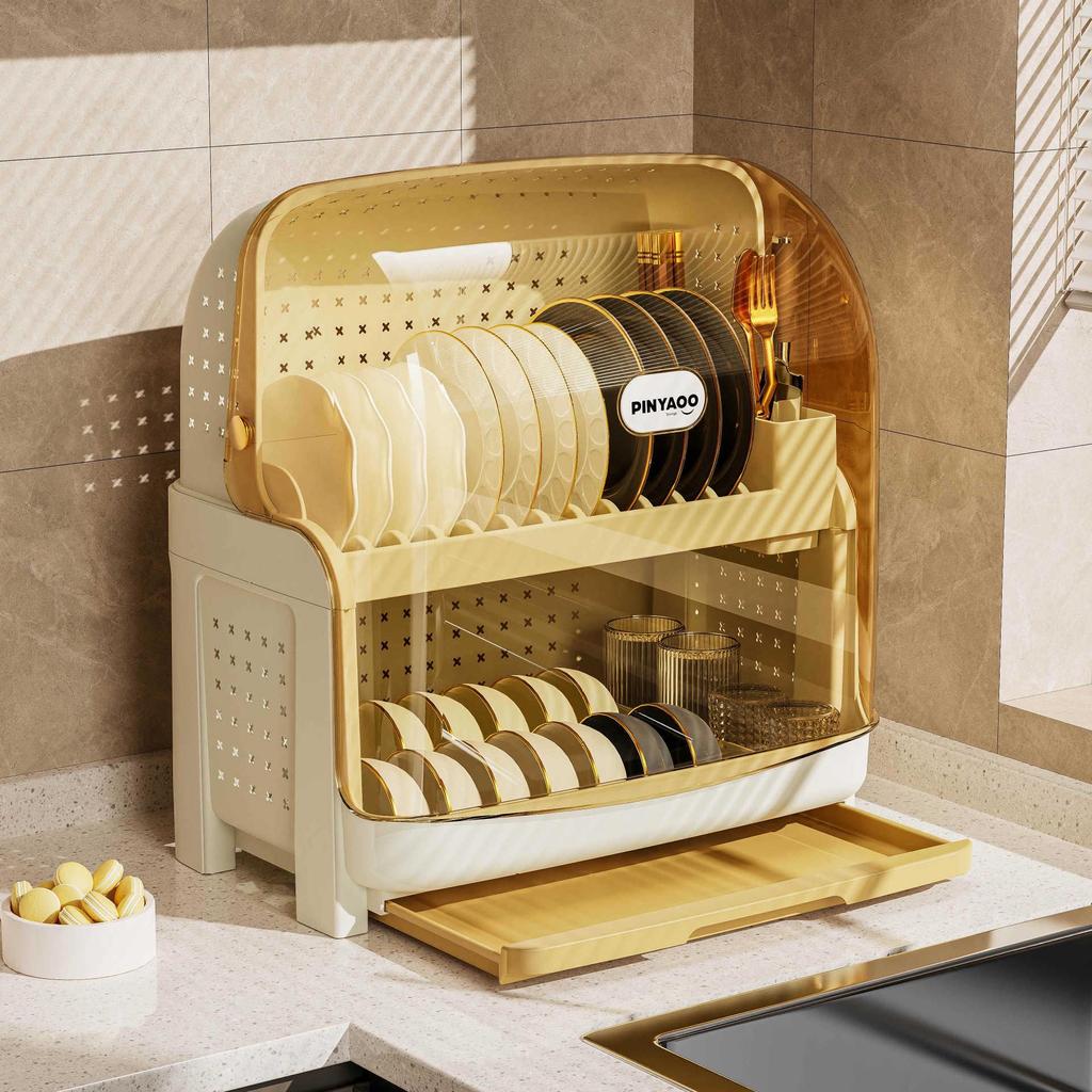Plastic Kitchen Bowl and Chopstick Storage Rack with Lid for Tableware Draining