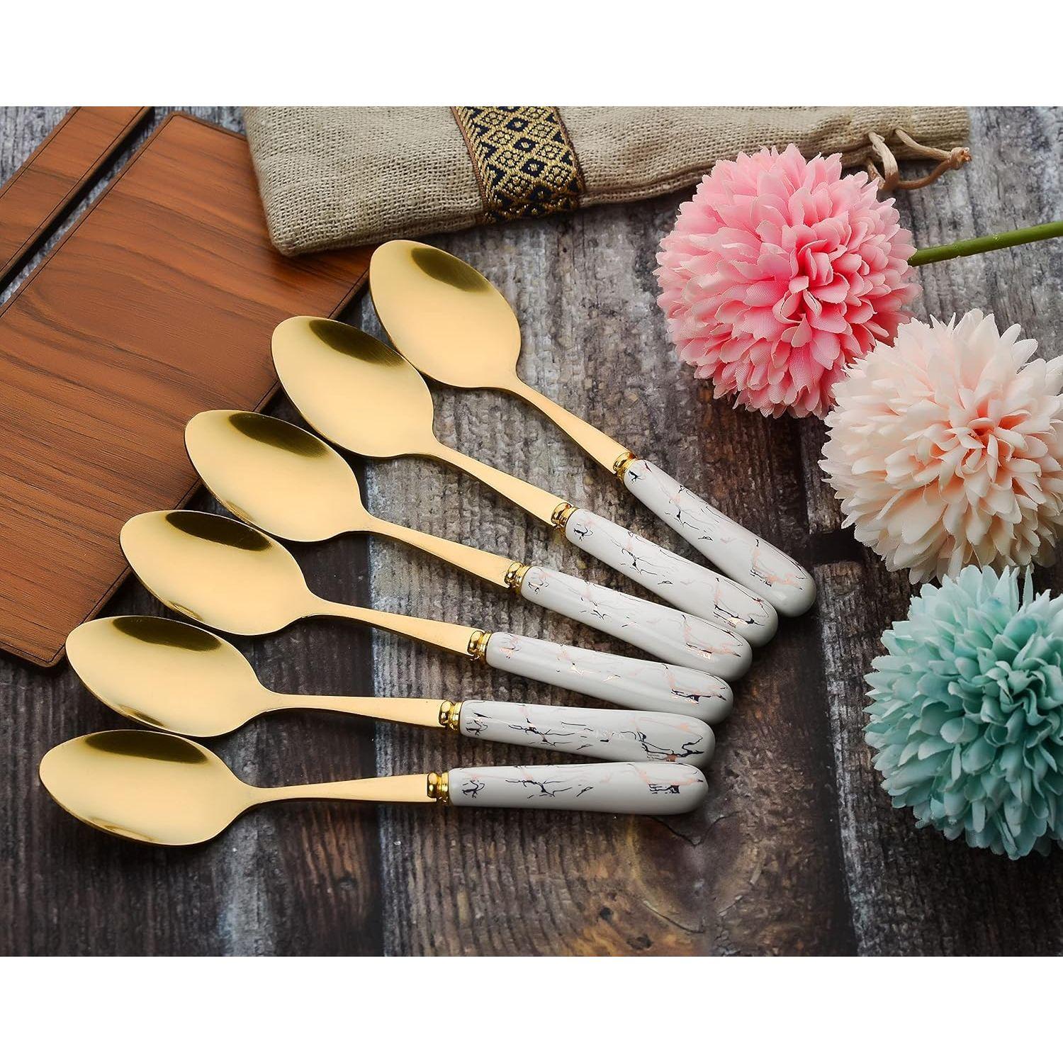 

Набор золотых ложек из нержавеющей стали и керамики для дома, кухни и ресторана, столовые приборы, обеденный стол, бульонная ложка, овальный край с керамической ручкой, посуда золотистый