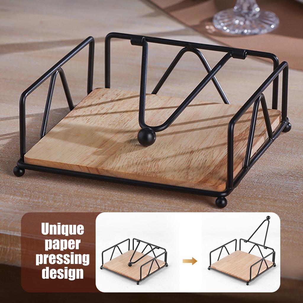 Napkin Holder Iron Flat Serviette Holder Freestanding Wooden Base Square Paper Raised for Kitchen Office Table Reusable