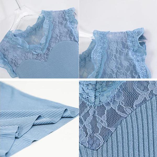 Maglia da donna con scollo a V in pizzo e cuciture senza maniche Gilet in seta ghiacciata Camicia tinta unita Slim Fit Bretelle elastiche Canotte con fondo lavorato a maglia